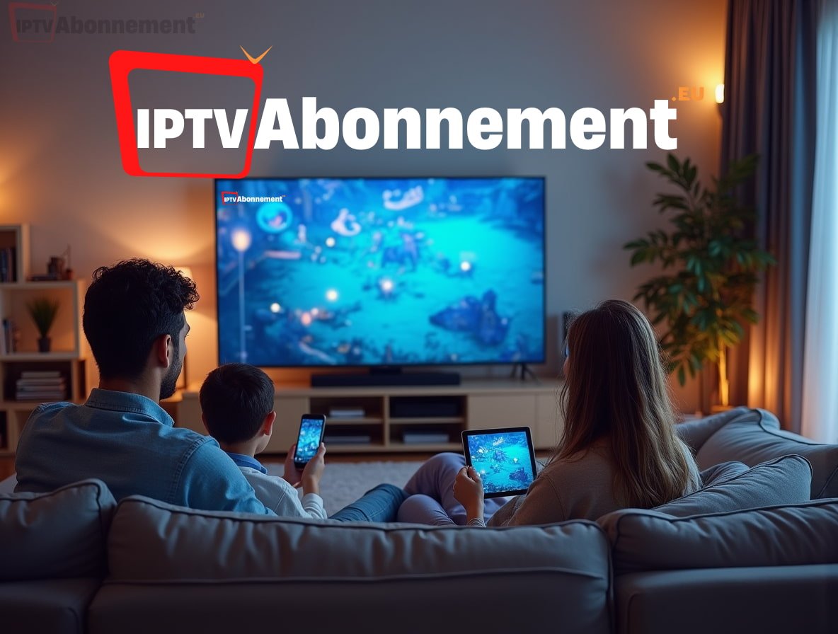 Top 1 IPTV Abonnement: Meer dan 30.000 Kanalen en Films 1 Gezin dat geniet van een premium IPTV Abonnement streaming op meerdere apparaten in een gezellige woonkamer met blauw-witte decoratie.